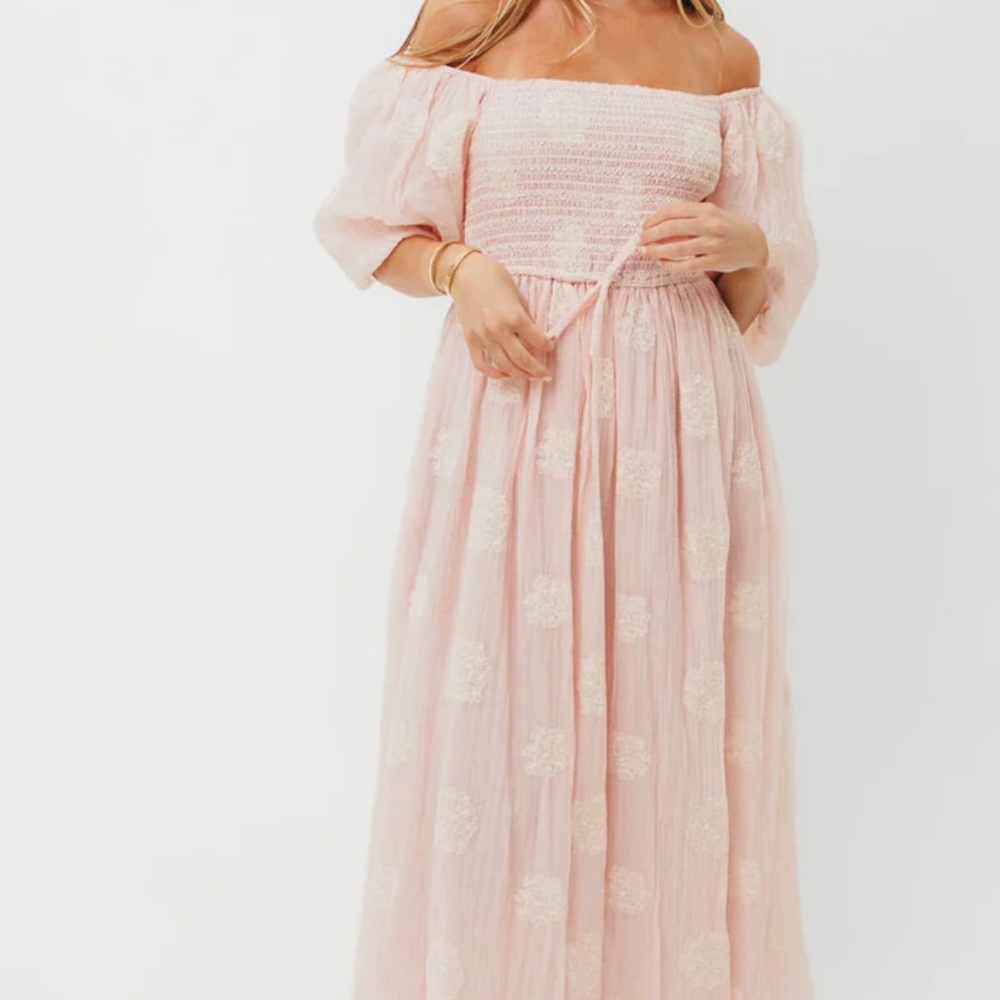 Aimee Smocked Embroidered Floral Midi Dress in Blush